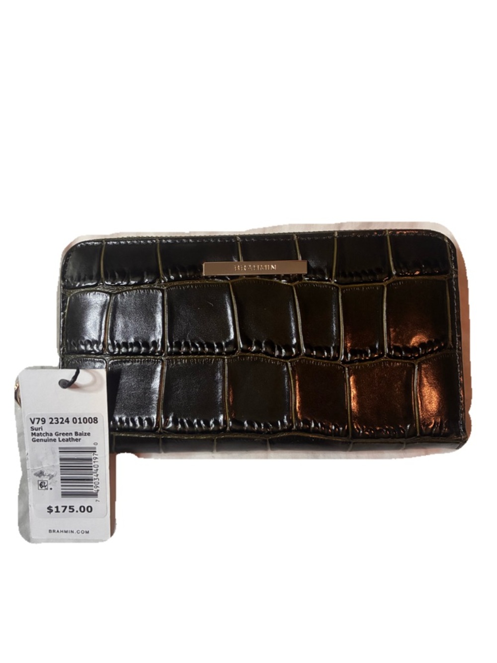 Brahmin Croc-Embossed Leather Zip Wallet in Matcha Green Baize Genuine Leather